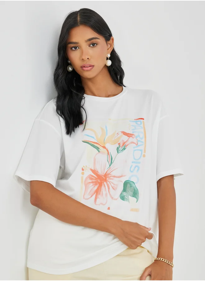 تايك تو Take Two Graphic Print Round Neck Oversized T-Shirt