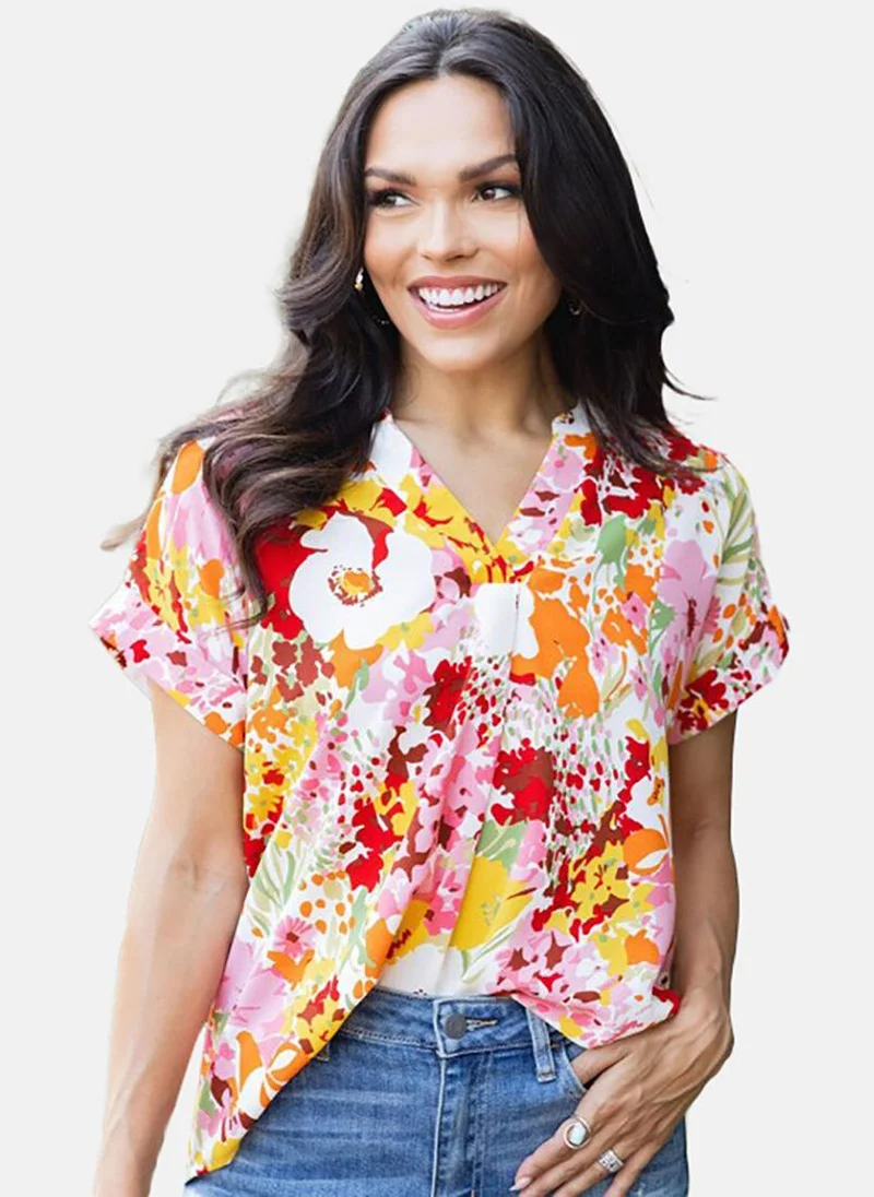 يونيكي White Floral Short Sleeve V Neck Tunics