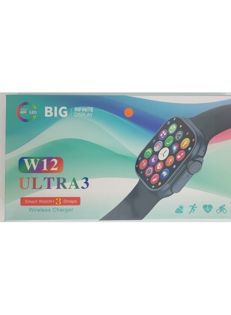 ساعة ذكية ألترا 3 مع شحن لاسلكي، 3 أحزمة، تتبع اللياقة البدنية، أسود - Image 2