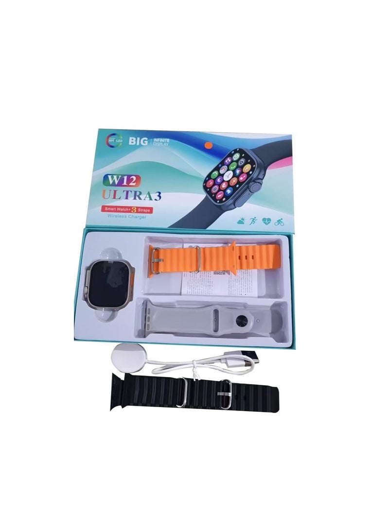 ساعة ذكية ألترا 3 مع شحن لاسلكي، 3 أحزمة، تتبع اللياقة البدنية، أسود - Image 3