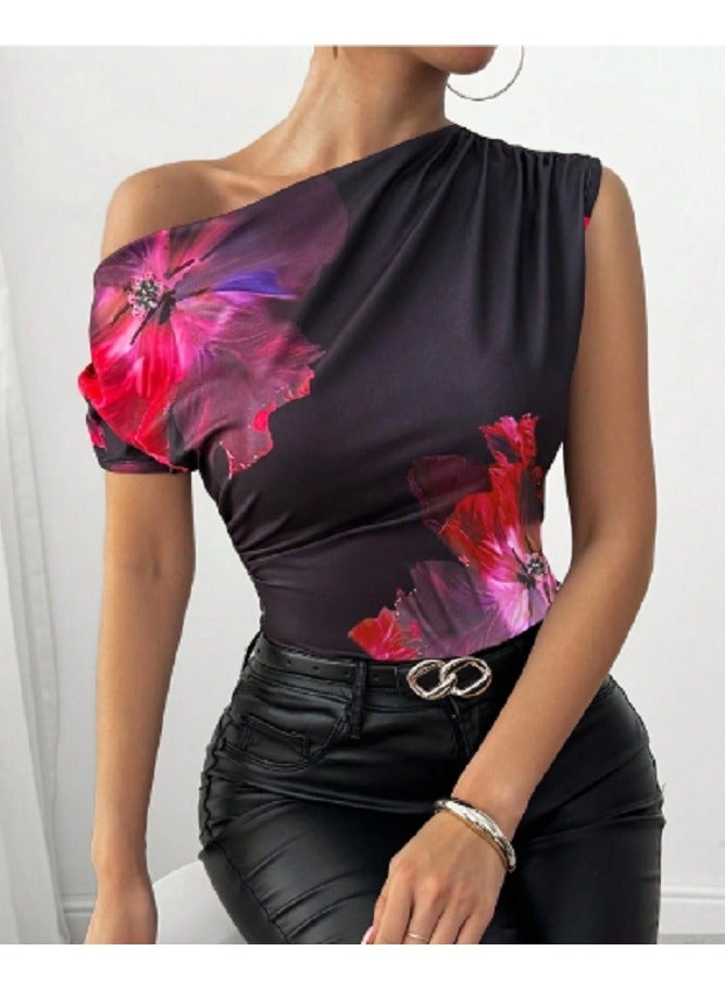 Shein 1pc Women Casual Floral Printed Asymmetric Neck T-Shirt  - Image 1