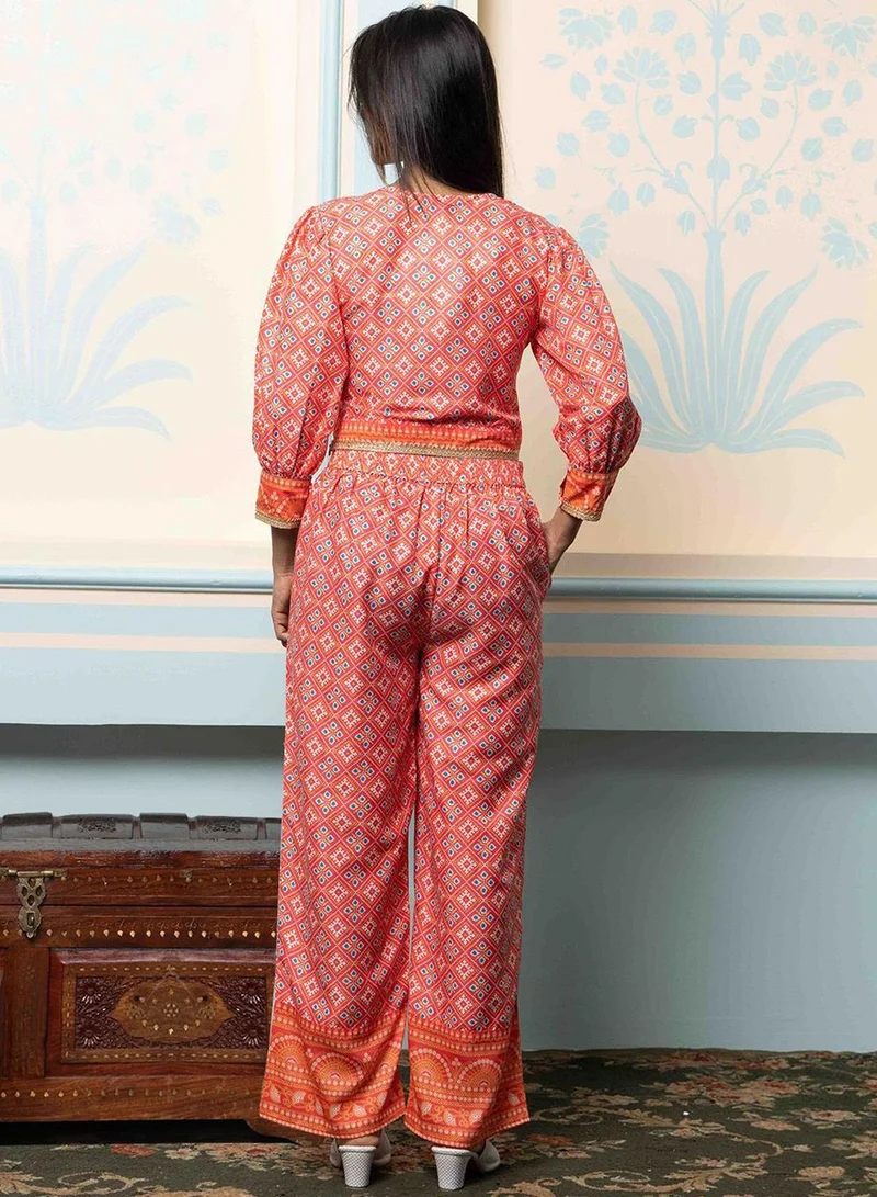 ISHIN Women's Light Pink Polyester Blend Embellished Cropped Full Length Palazzo Straight Fit Co-Ords