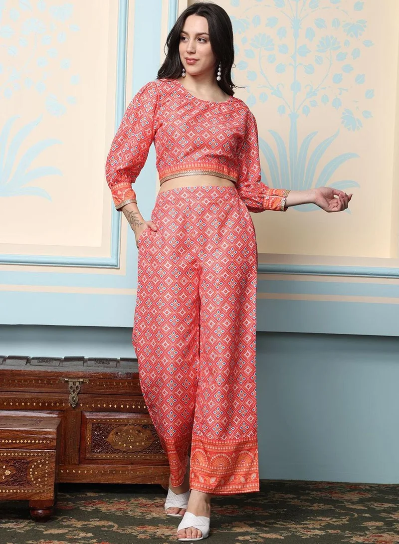 ISHIN Women's Light Pink Polyester Blend Embellished Cropped Full Length Palazzo Straight Fit Co-Ords