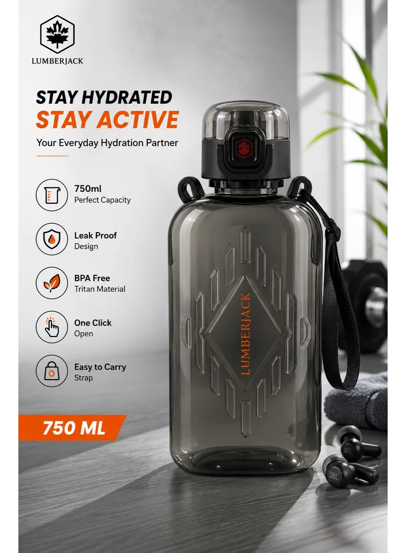 Lumberjack Lumberjack 750ml Square Water Bottle with Carry Rope & One-Click Lock Lid, BPA-Free Tritan, Premium Sports Bottle