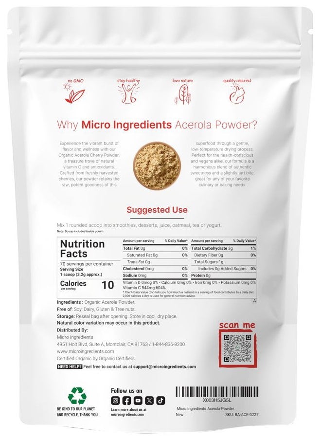 Micro Ingredients - Organic Acerola Powder, 8oz | Natural Organic Vitamin C Superfood | No Sugar & Additives | Great Flavor for Drinks, Smoothie, & Beverages | Non-GMO & Vegan Friendly, Brazil Origin - Image 1