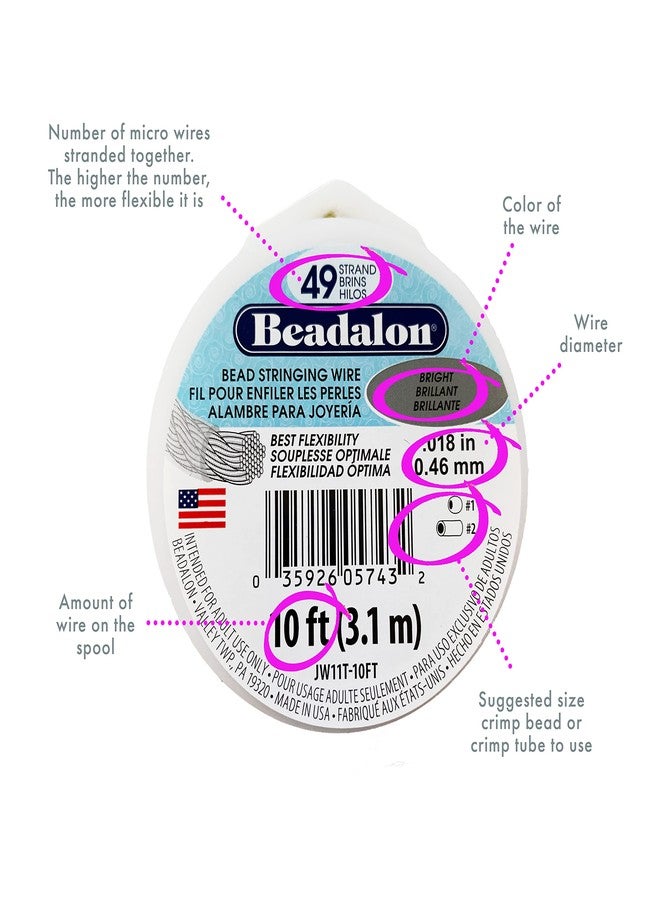 بيدالون سلك خرز Beadalon ذو 49 خيطًا، 0.61 مم / 0.024 بوصة، لون فضي، 3.1 متر / 10 أقدام - Image 3