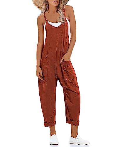 Lentta Women's Causal Jumpsuits V Neck Sleeveless Harem Overalls Stretchy Adjustable Strap Romper with Pockets(Rust-M) - Image 1