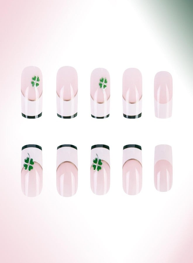 SINSEN St.Patrick’s Day Press on Nails Medium, Square Shaped Green French Tip Stick on Nails for Women,Green Gold Nail Tip Acrylic False Nail Kits Medium Fake Nails with Lucky Shamrock Designs 24Pcs - Image 5