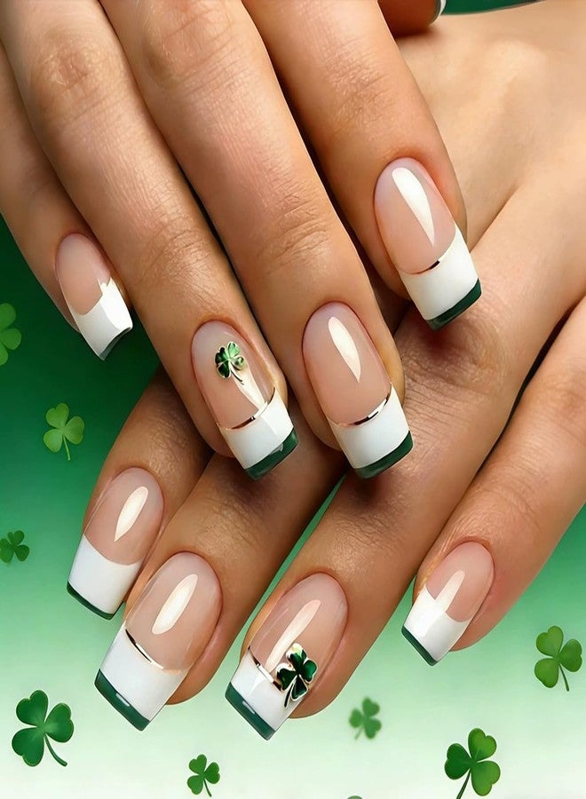 SINSEN St.Patrick’s Day Press on Nails Medium, Square Shaped Green French Tip Stick on Nails for Women,Green Gold Nail Tip Acrylic False Nail Kits Medium Fake Nails with Lucky Shamrock Designs 24Pcs - Image 1