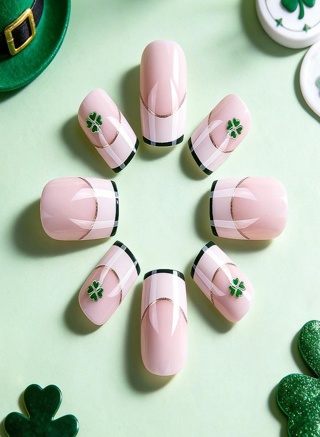 SINSEN St.Patrick’s Day Press on Nails Medium, Square Shaped Green French Tip Stick on Nails for Women,Green Gold Nail Tip Acrylic False Nail Kits Medium Fake Nails with Lucky Shamrock Designs 24Pcs - Image 3