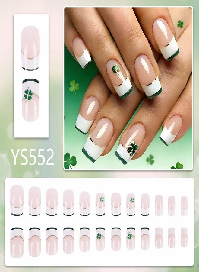 SINSEN St.Patrick’s Day Press on Nails Medium, Square Shaped Green French Tip Stick on Nails for Women,Green Gold Nail Tip Acrylic False Nail Kits Medium Fake Nails with Lucky Shamrock Designs 24Pcs - Image 4