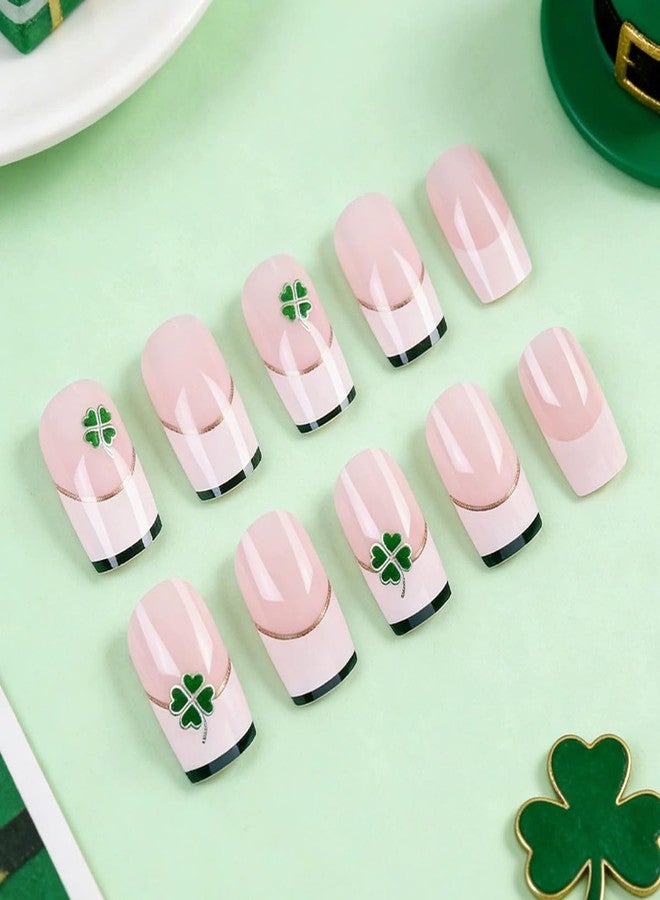 SINSEN St.Patrick’s Day Press on Nails Medium, Square Shaped Green French Tip Stick on Nails for Women,Green Gold Nail Tip Acrylic False Nail Kits Medium Fake Nails with Lucky Shamrock Designs 24Pcs - Image 2