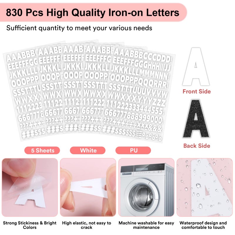 Comkrivy 5 Sheets 830 Pieces Iron on Letters and Numbers for Clothing, 1 Inch Iron on Vinyl Letters with A-Z Heat Transfer Letters 0-9 Iron on Numbers PU Alphabet Stickers for T-Shirt Printing DIY Craft, White - Image 3