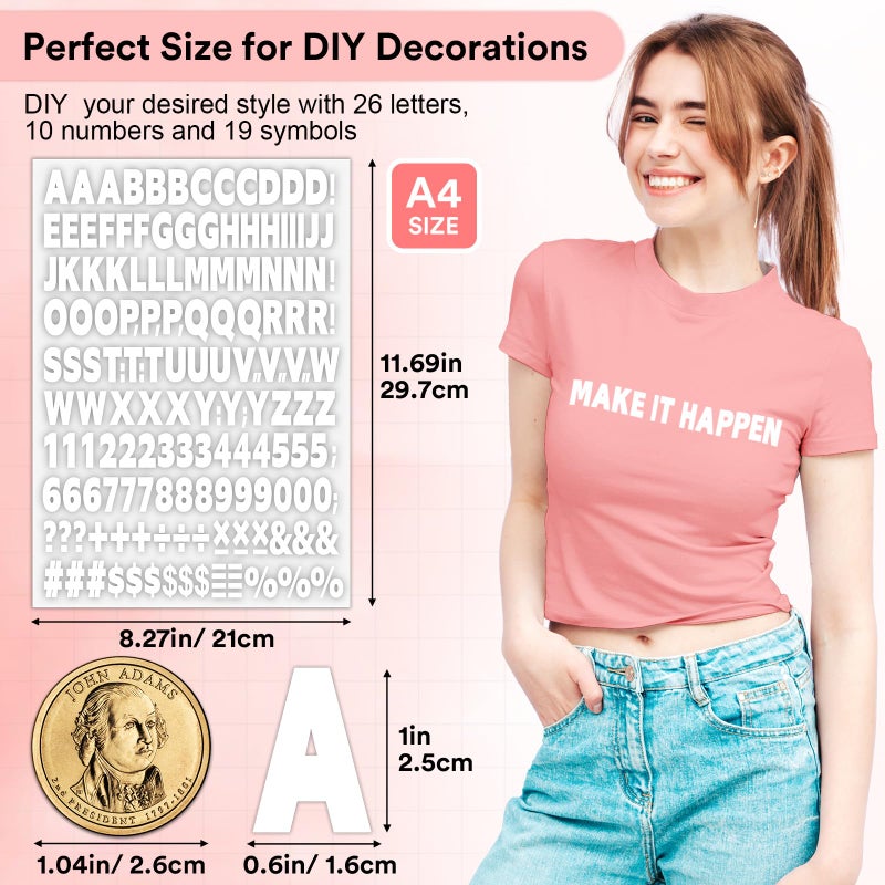 Comkrivy 5 Sheets 830 Pieces Iron on Letters and Numbers for Clothing, 1 Inch Iron on Vinyl Letters with A-Z Heat Transfer Letters 0-9 Iron on Numbers PU Alphabet Stickers for T-Shirt Printing DIY Craft, White - Image 2