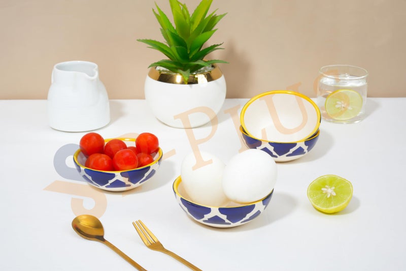 P Plus Fire Hand Painted Ceramic Bowls Set for Nut, Pasta, Soup, Fruit, Cereal, Office Lunch, Dessert, Picnic, Camping, Dishwasher & Microwave Safe, 75 Ml 8.5 CM, Housewarming Gift (Blue, Set of 6) - Image 4