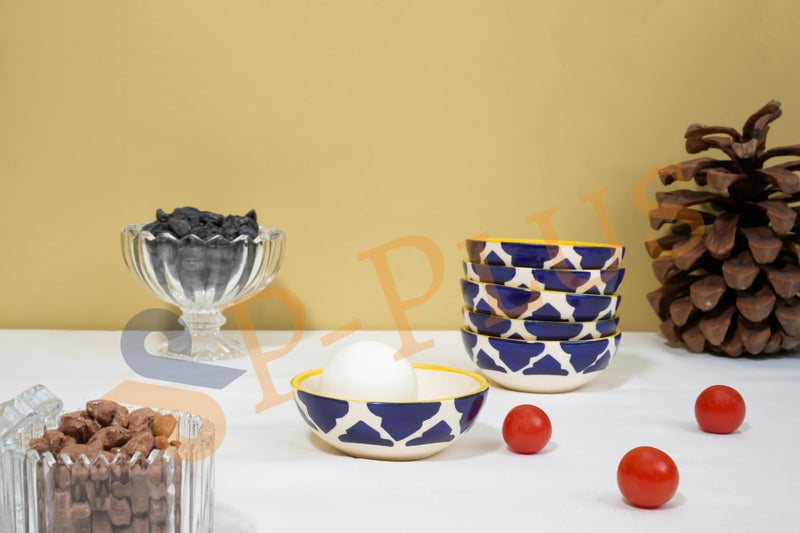P Plus Fire Hand Painted Ceramic Bowls Set for Nut, Pasta, Soup, Fruit, Cereal, Office Lunch, Dessert, Picnic, Camping, Dishwasher & Microwave Safe, 75 Ml 8.5 CM, Housewarming Gift (Blue, Set of 6) - Image 3