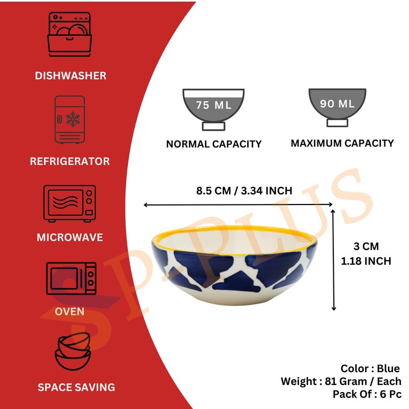 P Plus Fire Hand Painted Ceramic Bowls Set for Nut, Pasta, Soup, Fruit, Cereal, Office Lunch, Dessert, Picnic, Camping, Dishwasher & Microwave Safe, 75 Ml 8.5 CM, Housewarming Gift (Blue, Set of 6) - Image 2