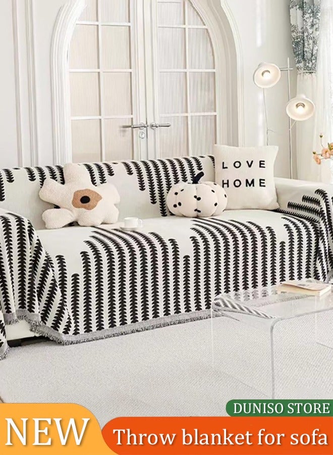 DUNISO Sofa cover, chenille tassels sofa blanket, line patterned towel blanket, one piece furniture protective cover, dust proof and non slip, suitable for all seasons, suitable for double sofa, 180 * 230cm - Image 1