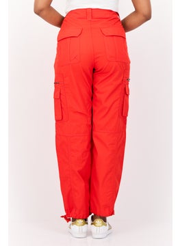 ESPRIT Women Straight Fit  High Rise Solid Cargo Pants, Red  - Image 2