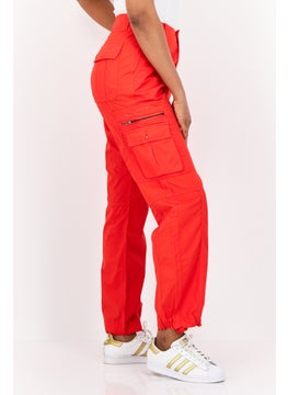 ESPRIT Women Straight Fit  High Rise Solid Cargo Pants, Red  - Image 4