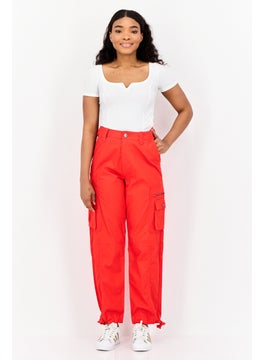 ESPRIT Women Straight Fit  High Rise Solid Cargo Pants, Red  - Image 3