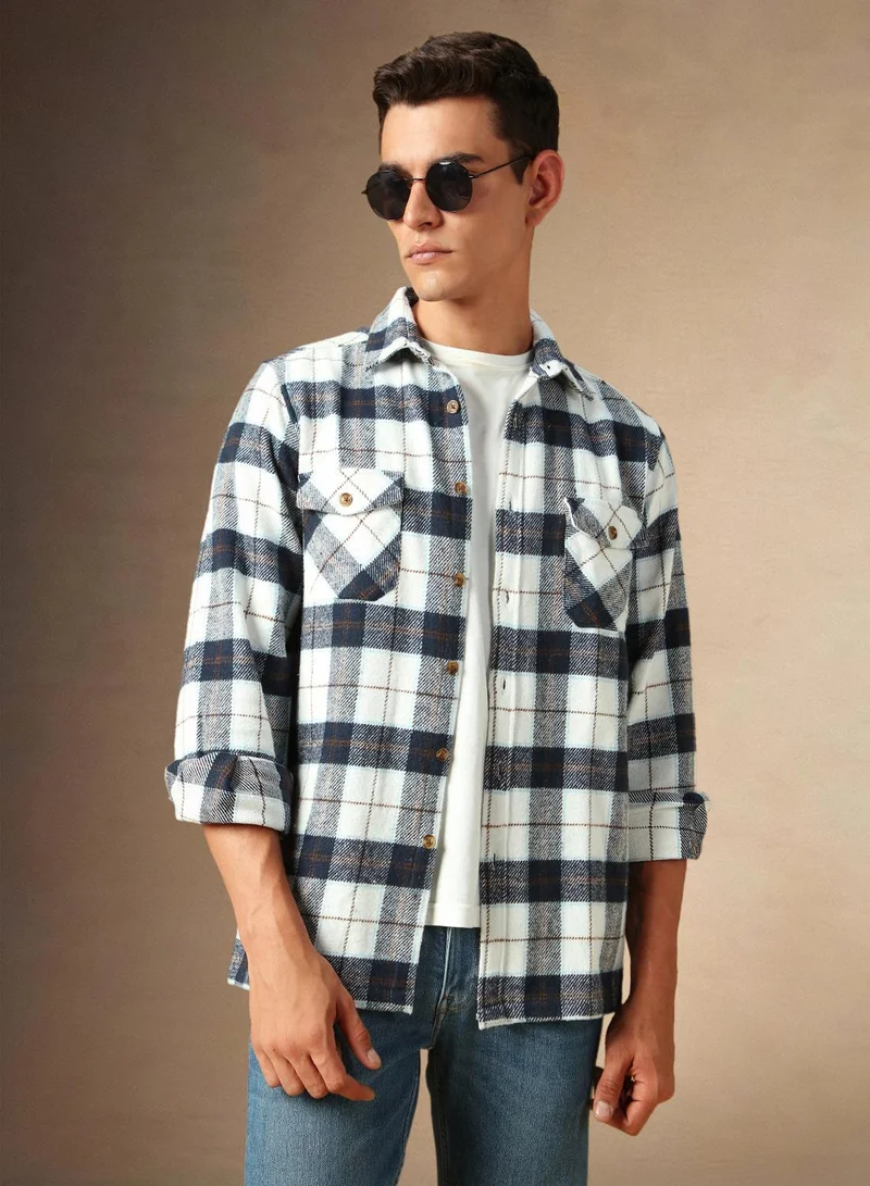 Men's White 100% Cotton Checkered Shirt