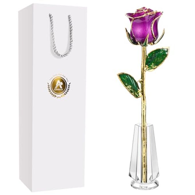 AliveRose Gold Roses, 24K Gold Rose Made from Real Rose Unique Design 24K Dipped Rose for Anniversary Valentines Mothers Day Birthday Gifts (Purple Original Rose with Crystal Vase) - Image 1