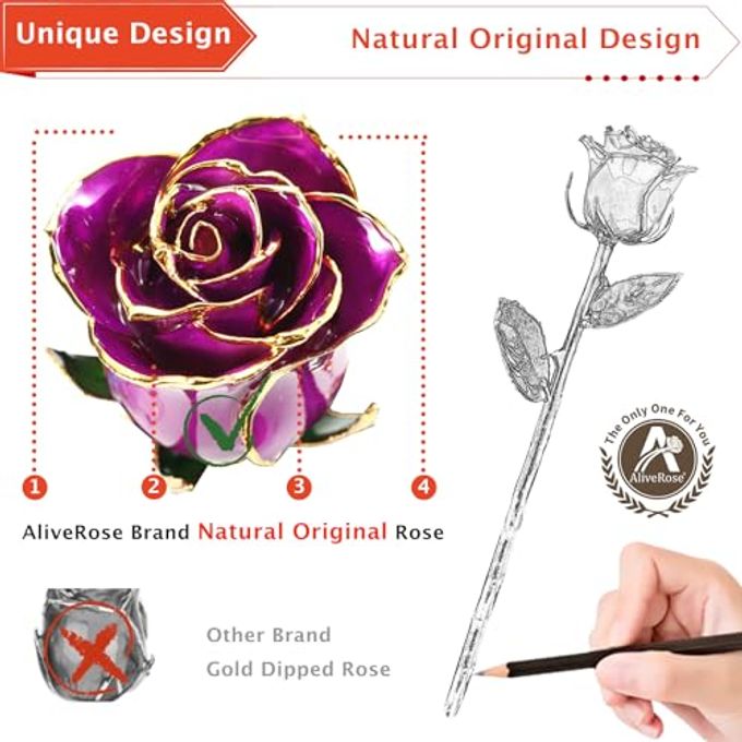 AliveRose Gold Roses, 24K Gold Rose Made from Real Rose Unique Design 24K Dipped Rose for Anniversary Valentines Mothers Day Birthday Gifts (Purple Original Rose with Crystal Vase) - Image 5