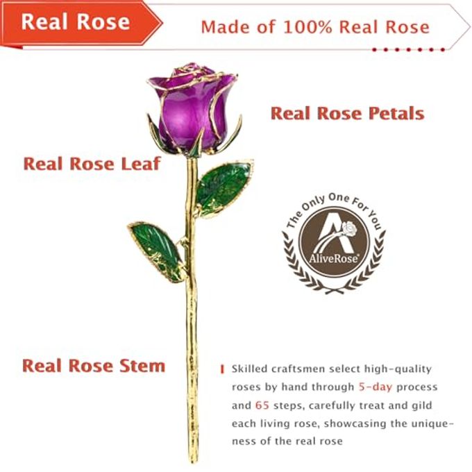 AliveRose Gold Roses, 24K Gold Rose Made from Real Rose Unique Design 24K Dipped Rose for Anniversary Valentines Mothers Day Birthday Gifts (Purple Original Rose with Crystal Vase) - Image 3