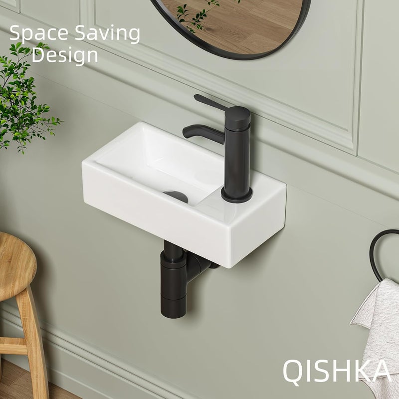QISHKA حوض جدار صغير، 14.4" × 7" حوض سيراميك مستطيل معلق في الحمام باللون الأبيض، حوض غسيل صغير، يوفر المساحة للحمام الضيق (يد اليمنى) - Image 3