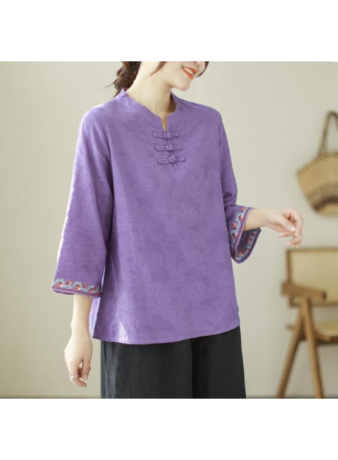 VUELO Real Shot Summer New Vintage Jacquard Cotton Linen Button Seven Sleeve Shirt Women's Shirt Top 2870# - Image 4
