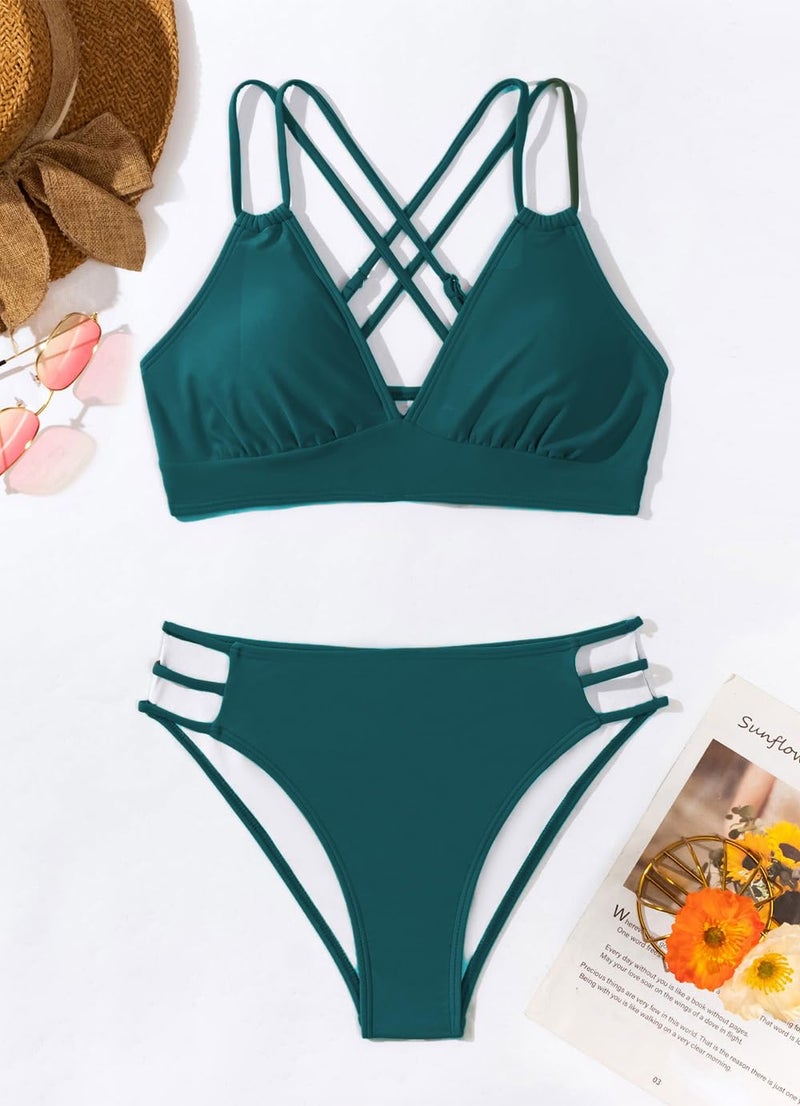 Tainehs Women's Push Up V Neck Bikini Sets Criss Cross Back Two Piece Bathing Suit Peacock Blue - Image 3