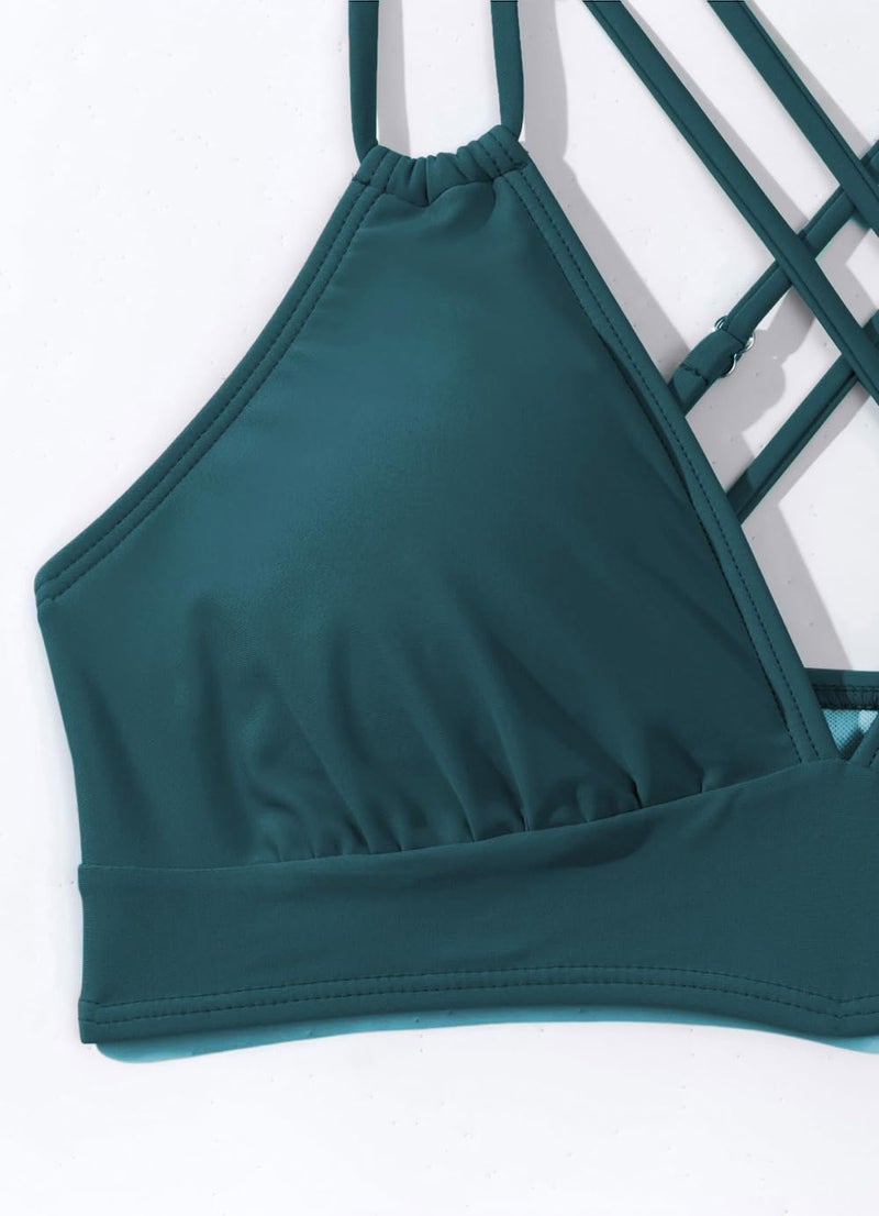 Tainehs Women's Push Up V Neck Bikini Sets Criss Cross Back Two Piece Bathing Suit Peacock Blue - Image 5