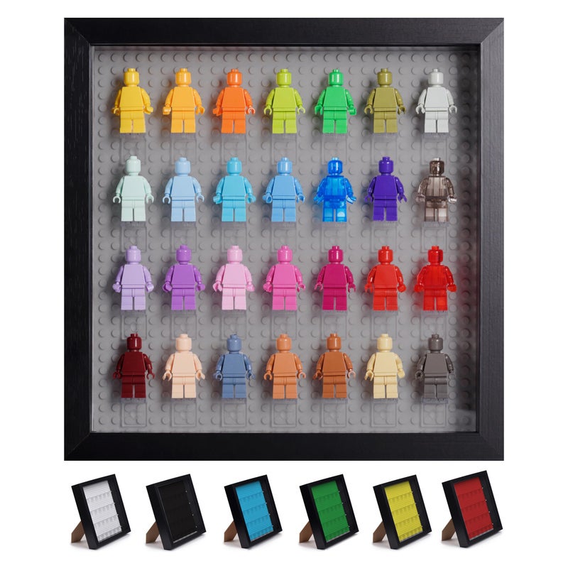 Tapeera Black Wooden Minifigure Display Case  Memorabilia Display Case for Figures  11 x 11 Inch Shadow Box Frame  for Wall and Table Top with Dust Protection  Holds Up to 28 Figures Gray Base