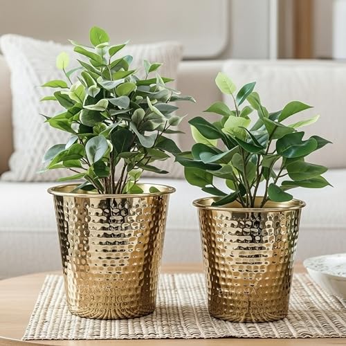 BEHOMA Metal Hammered Golden Table top Planters for Home Decoration, Plant Pots for Home Living Room Bedroom Office Decor, Set of 2 (Plants not Included) - Image 1