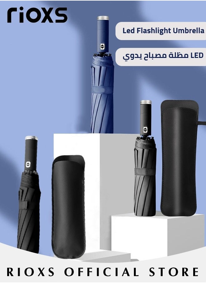 RIOXS - LED Umbrella,Automatic Folding Umbrella With Rotating LED Flashlight For Night Walking,Windproof Sun Rain Protection Umbrella,Practical Umbrella For Travel Running Hiking Camping - Image 1