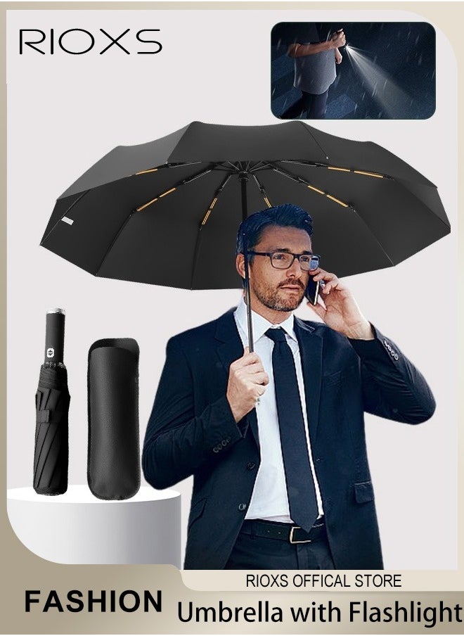 RIOXS - LED Umbrella,Automatic Folding Umbrella With Rotating LED Flashlight For Night Walking,Windproof Sun Rain Protection Umbrella,Practical Umbrella For Travel Running Hiking Camping - Image 1