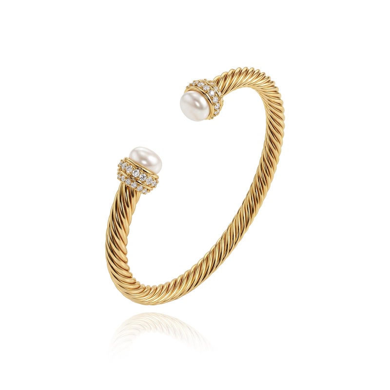 Fettero Gold Cuff Bangle Bracelets for Women - 14K Gold Plated Adjustable Open Cuff Friendship Bracelets Elegant Twisted Cable Bangle Bracelet Lightweight Pearl Bracelet for Dainty Jewelry - Image 1