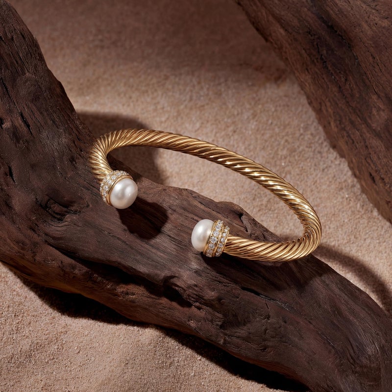 Fettero Gold Cuff Bangle Bracelets for Women - 14K Gold Plated Adjustable Open Cuff Friendship Bracelets Elegant Twisted Cable Bangle Bracelet Lightweight Pearl Bracelet for Dainty Jewelry - Image 4