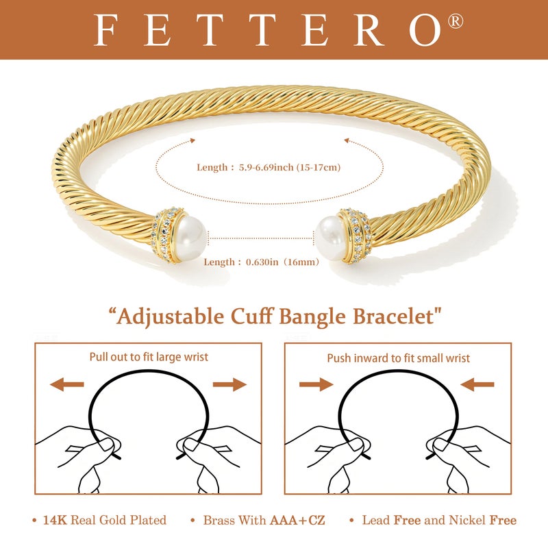 Fettero Gold Cuff Bangle Bracelets for Women - 14K Gold Plated Adjustable Open Cuff Friendship Bracelets Elegant Twisted Cable Bangle Bracelet Lightweight Pearl Bracelet for Dainty Jewelry - Image 5