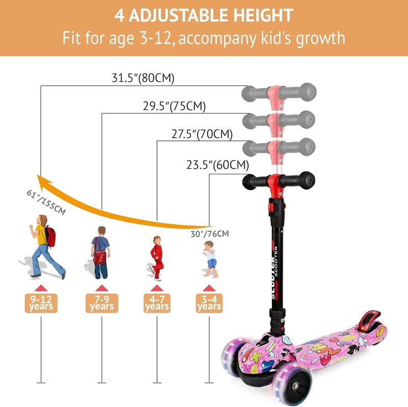 Ssonlun Kids Scooter for Age 3-12, Toddler Scooter with 4 Adjustable Heights, Light Up 3-Wheels Scooter, Shock Absorption Design, Lean to Steer, Balance Training Scooter for Kids - Image 5