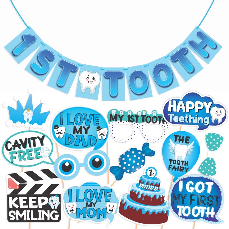 Wobbox First Tooth Photo Booth Party Props (13 Pcs) with 1st Tooth Bunting Banner, Blue Colour Gredient with Stylish Font, First Tooth Decoration, First Tooth Decoration Items for Baby - Image 1
