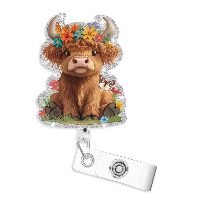 VOCHIC Highland Cow Badge Reel, Cute Cow Badge Clip, Funny Badge Reels Retractable for Nurses, Retractable Badge ID Card Holders with Clips, Durable Retractable Rope for Doctor Student Teacher Office - Image 1