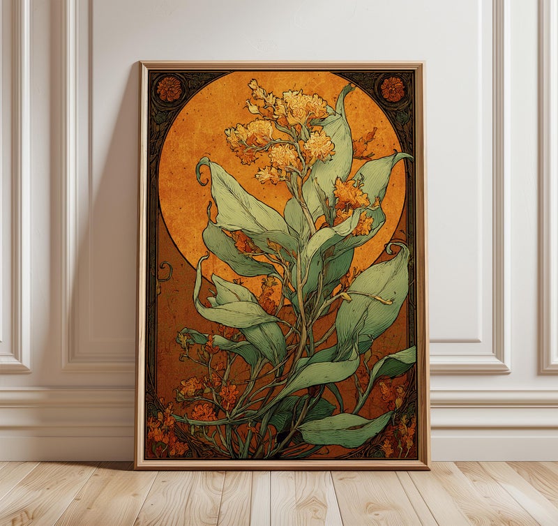 TNESSENTIAL Art Nouveau Botanical Wall Art, Vintage Floral Poster, Golden Flower Illustration, Nature Inspired Print, Elegant Home Decor - Image 1