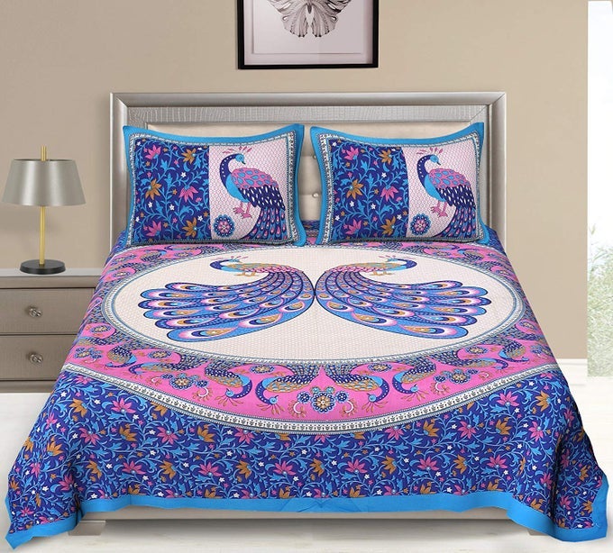 HOMESHOP 100 PURE COTTON RAJASTHANI TRADITION QUEEN SIZE DOUBLE BEDSHEETS WITH 2 PILLOW COVERS QUEEN SIZE JAIPURI BEDSPREADS