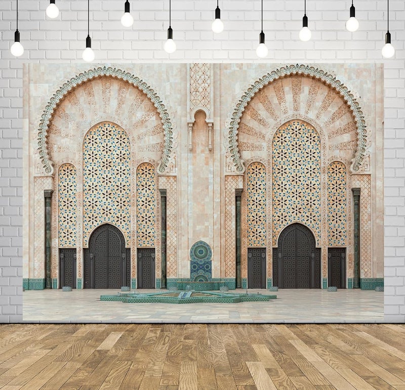 Loccor خلفية باب قصر المغرب 7x5 قدم بتصميم شرقي قصر المغرب مدخل قوس العمارة خلفية زينة حفلات عيد ميلاد مغربية لprops استوديو التصوير - Image 1