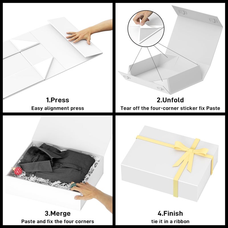PSHVYM Gift Boxes with Lids, 11.5x7.8x3 In White Gift Box for Presents Magnetic Closure for T-Shirts, Gloves, Scarves, Books, Baby Clothes, Robes Clothing Gift Wrap, Contains Card, Ribbon - Image 4