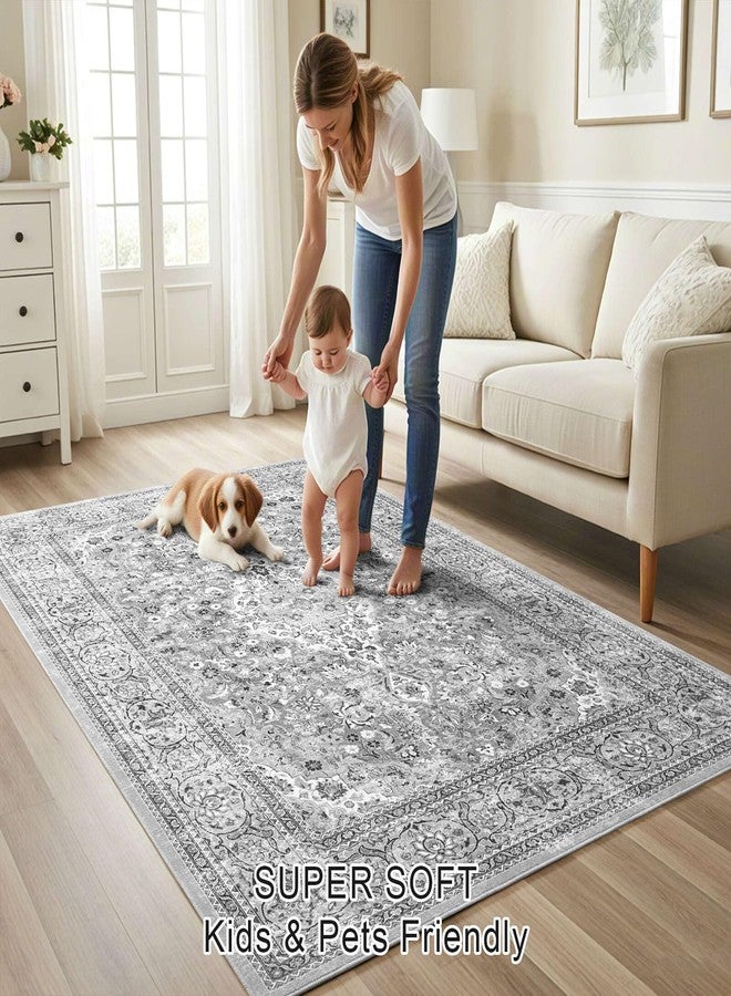 Flagover 4x6 Grey Washable Boho Area Rug for Bedroom, Vintage Floral Non Slip Living Room Rugs, Soft Low Pile Indoor Mat, Aesthetic Pattern Carpet for Kitchen, Dining Room and Bedside - Image 5
