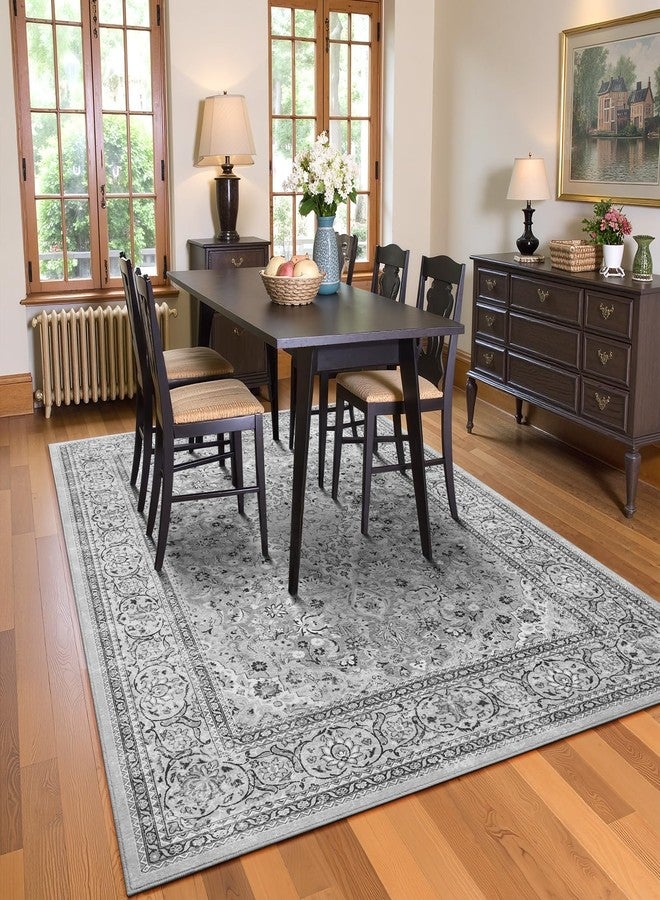 Flagover 4x6 Grey Washable Boho Area Rug for Bedroom, Vintage Floral Non Slip Living Room Rugs, Soft Low Pile Indoor Mat, Aesthetic Pattern Carpet for Kitchen, Dining Room and Bedside - Image 3