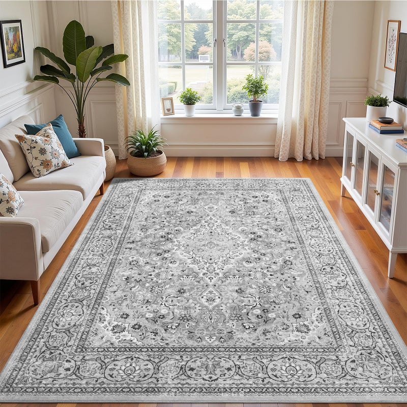 Flagover 4x6 Grey Washable Boho Area Rug for Bedroom, Vintage Floral Non Slip Living Room Rugs, Soft Low Pile Indoor Mat, Aesthetic Pattern Carpet for Kitchen, Dining Room and Bedside - Image 1